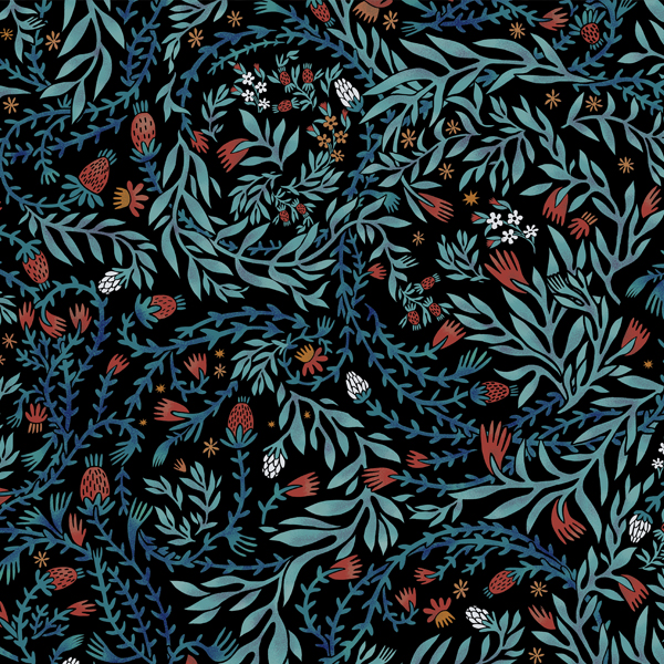 Интерьерная ткань Эмтор  (черный фон с синими листьями) компаньон для Биармии