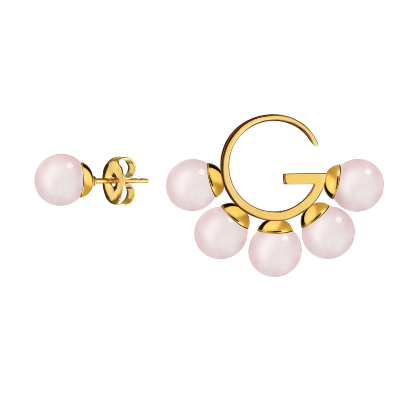 Серьги "G" асимметричные c розовым кварцем