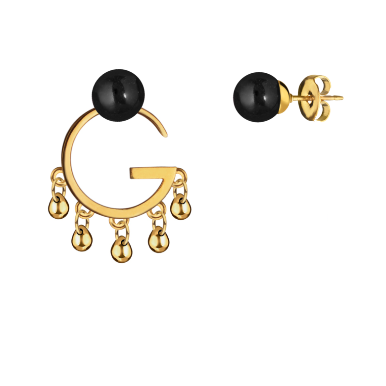 Серьги "G" асимметричные с капельками, черный оникс