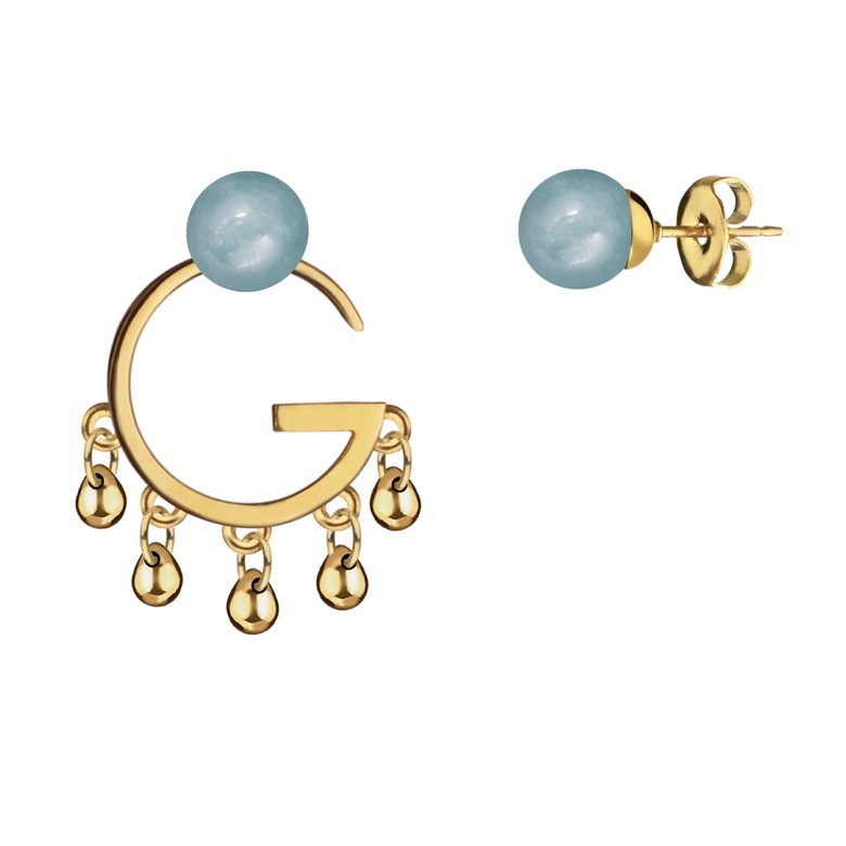 Серьги "G" асимметричные с капельками, аквамарин
