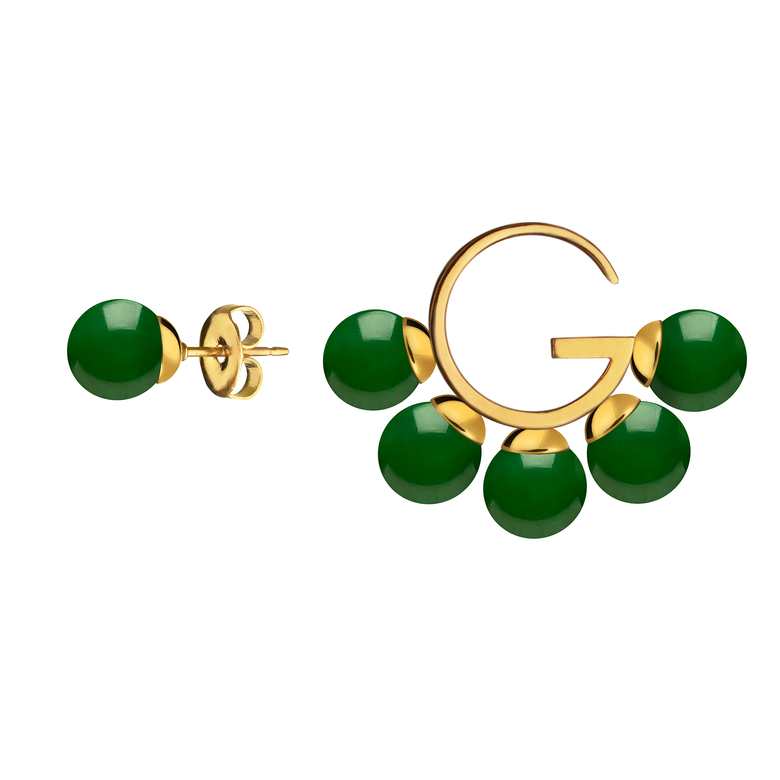Серьги "G" асимметричные с темныо-зеленым агатом, позолота
