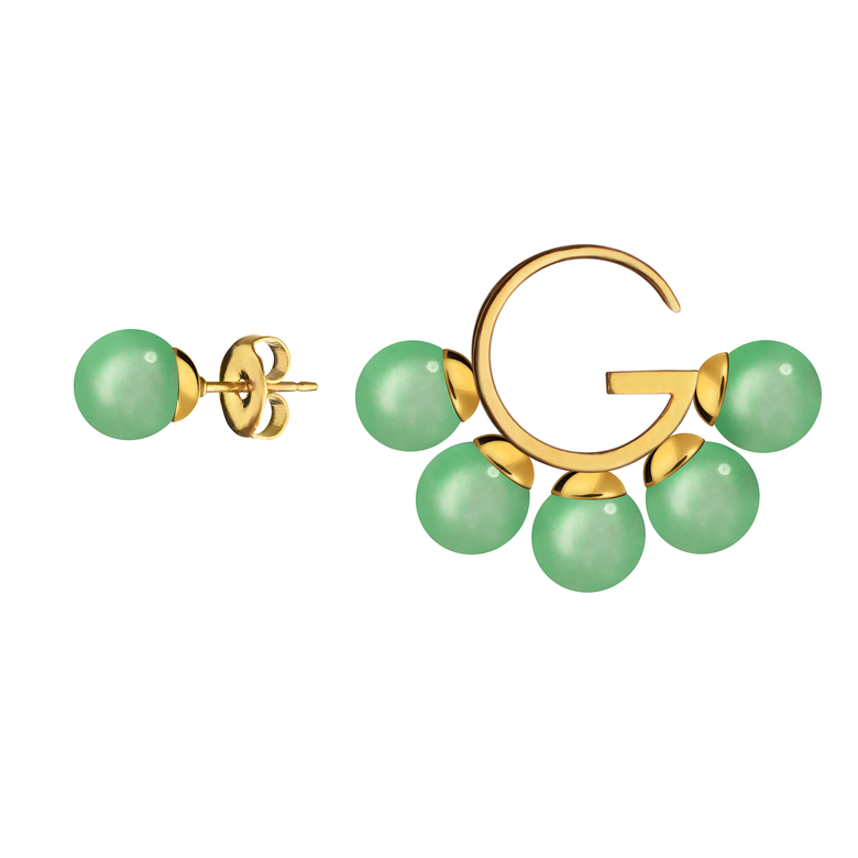 Серьги "G" асимметричные с авантюрином, позолота