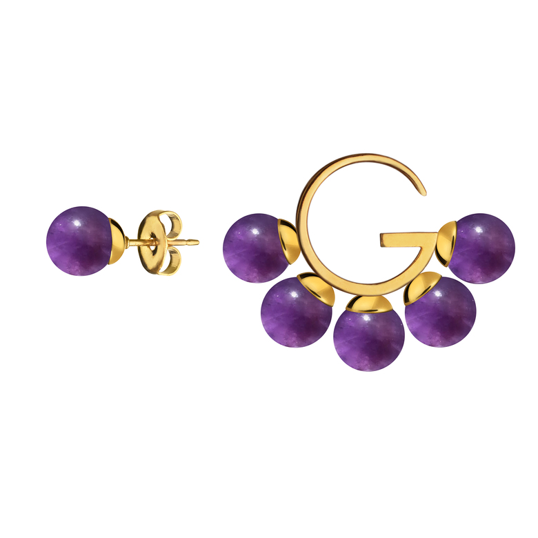 Серьги "G" асимметричные с аметистом, позолота