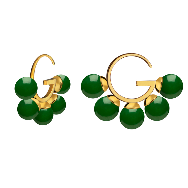 Серьги "G" симметричные с темно-зеленым агатом, позолота