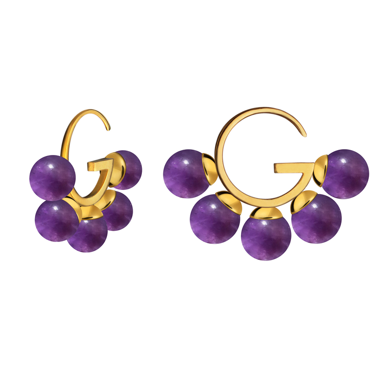 Серьги "G" симметричные с аметистом, позолота