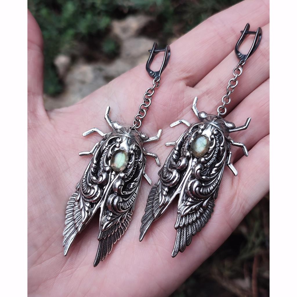 Серьги "Цикада" Лабрадорит (Лабрадор, Спектролит)