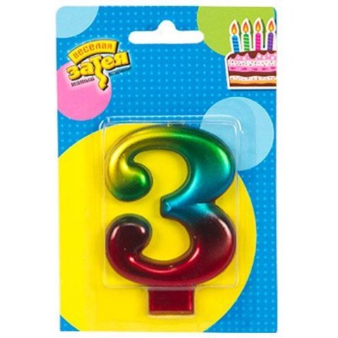 Свеча -цифра "3" Радуга металлик 8см/V