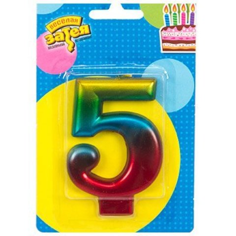 Свеча -цифра "5" Радуга металлик 8см/V