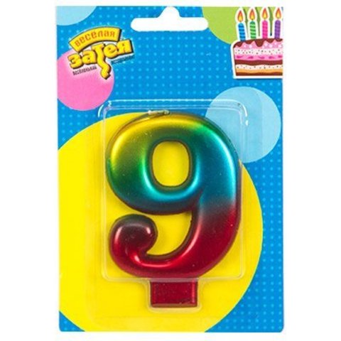 Свеча -цифра "9" Радуга металлик 8см/V