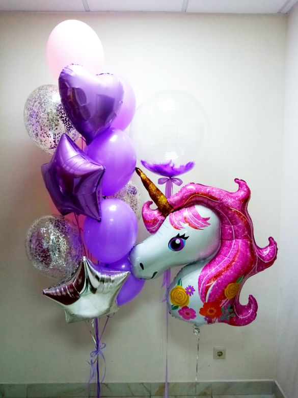 Единорог букет и баблс с перышками внутри