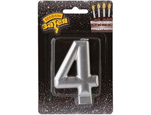Свеча -цифра "4" Серебряная 8см/V