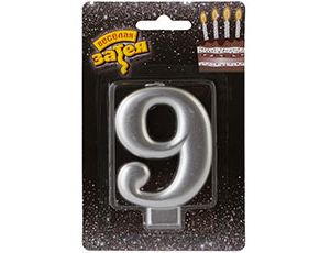 Свеча -цифра "9" Серебряная 8см/V