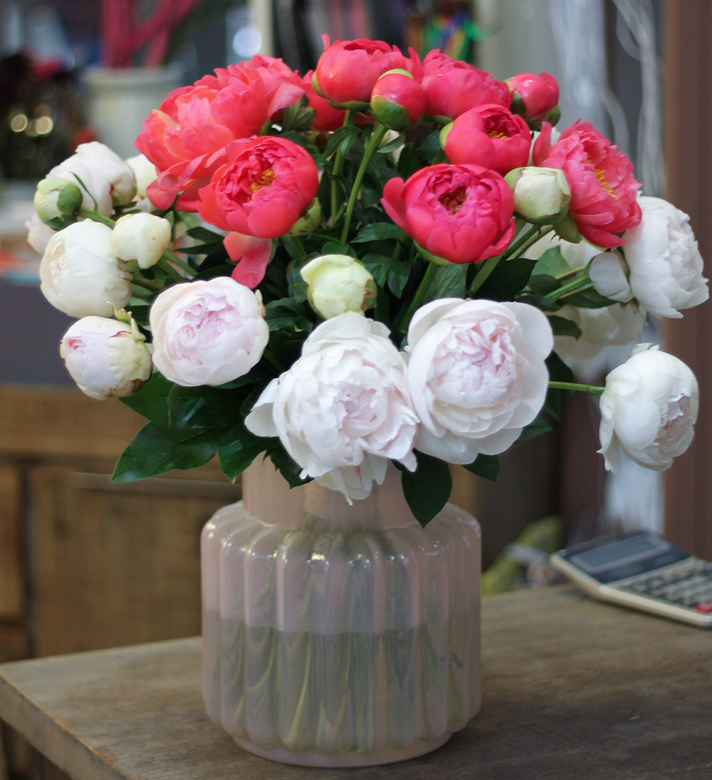 Букет из Белых пионов и Корал Шарм 39 шт. №139