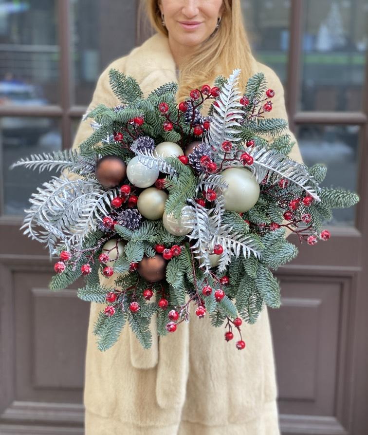 НГ композиция серебро с коричневым 55 см №1164