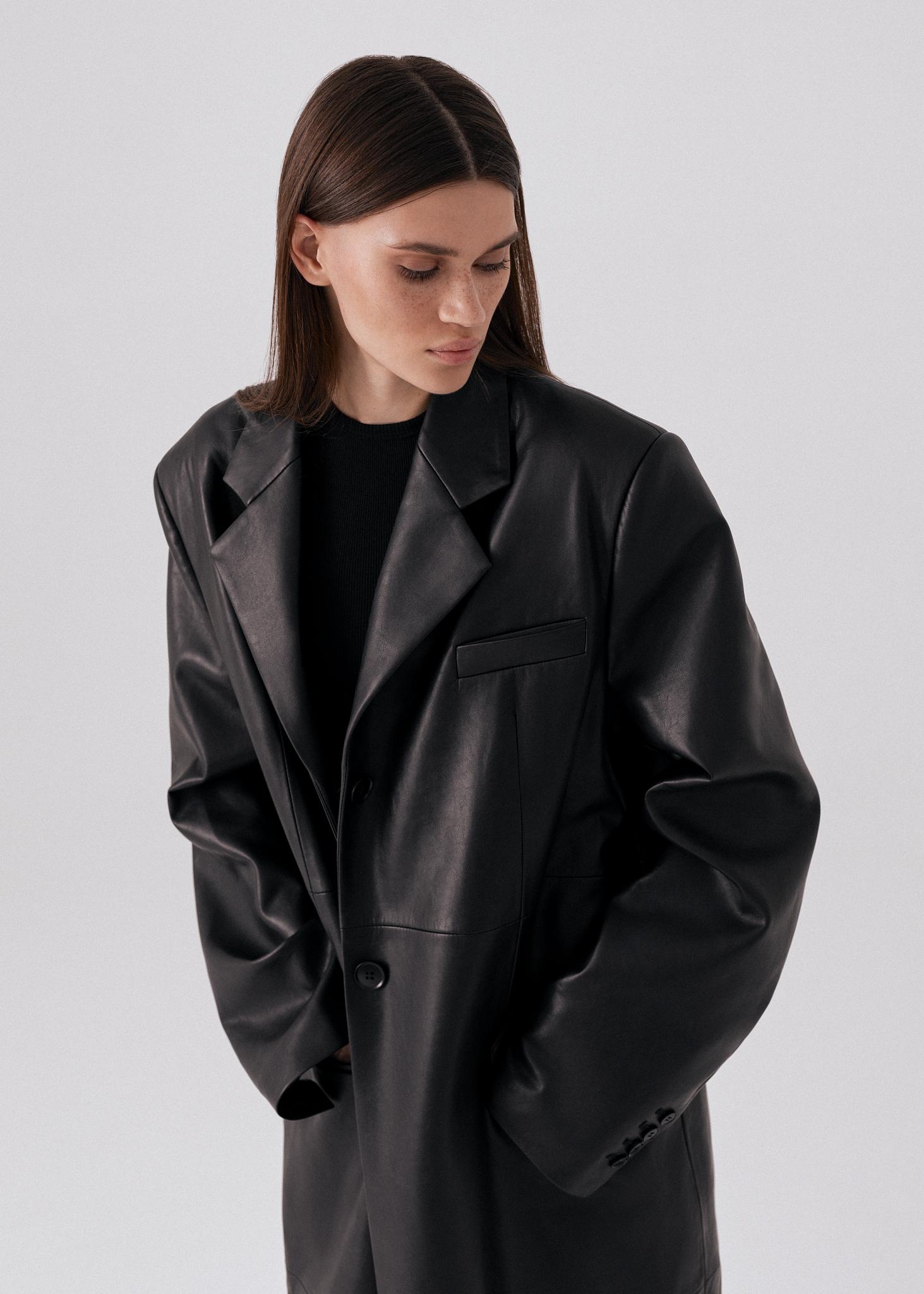 ジャケット・アウター real leather maxi long coat BLACK Outerwear > Faux leather oversized maxi coat Buy from e-shop