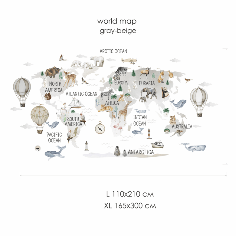 Наклейка на стену  "Карта Мира серая"