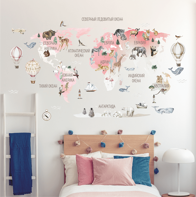 Наклейка на стену "Животные для Карты Мира"