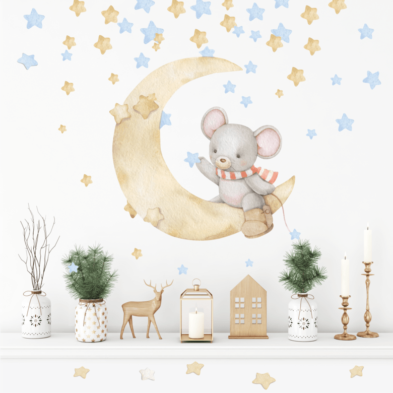 Наклейка на стену "Мышонок на луне"