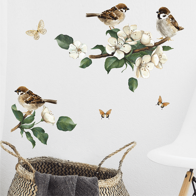 Наклейка на стену "ВОРОБУШКИ В ЦВЕТАХ"