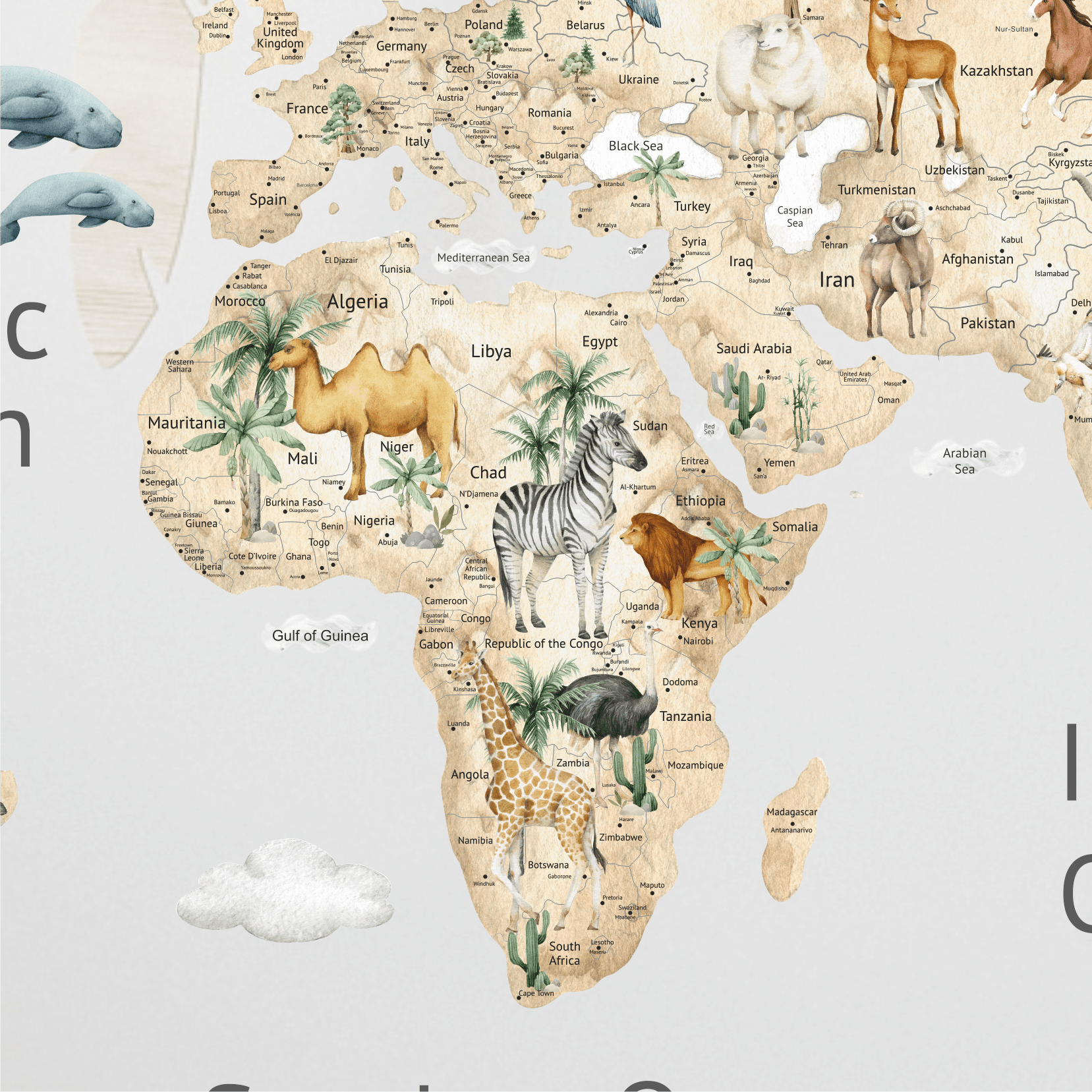 Наклейка на стену "КАРТА МИРА акварельная подробная" Английская версия