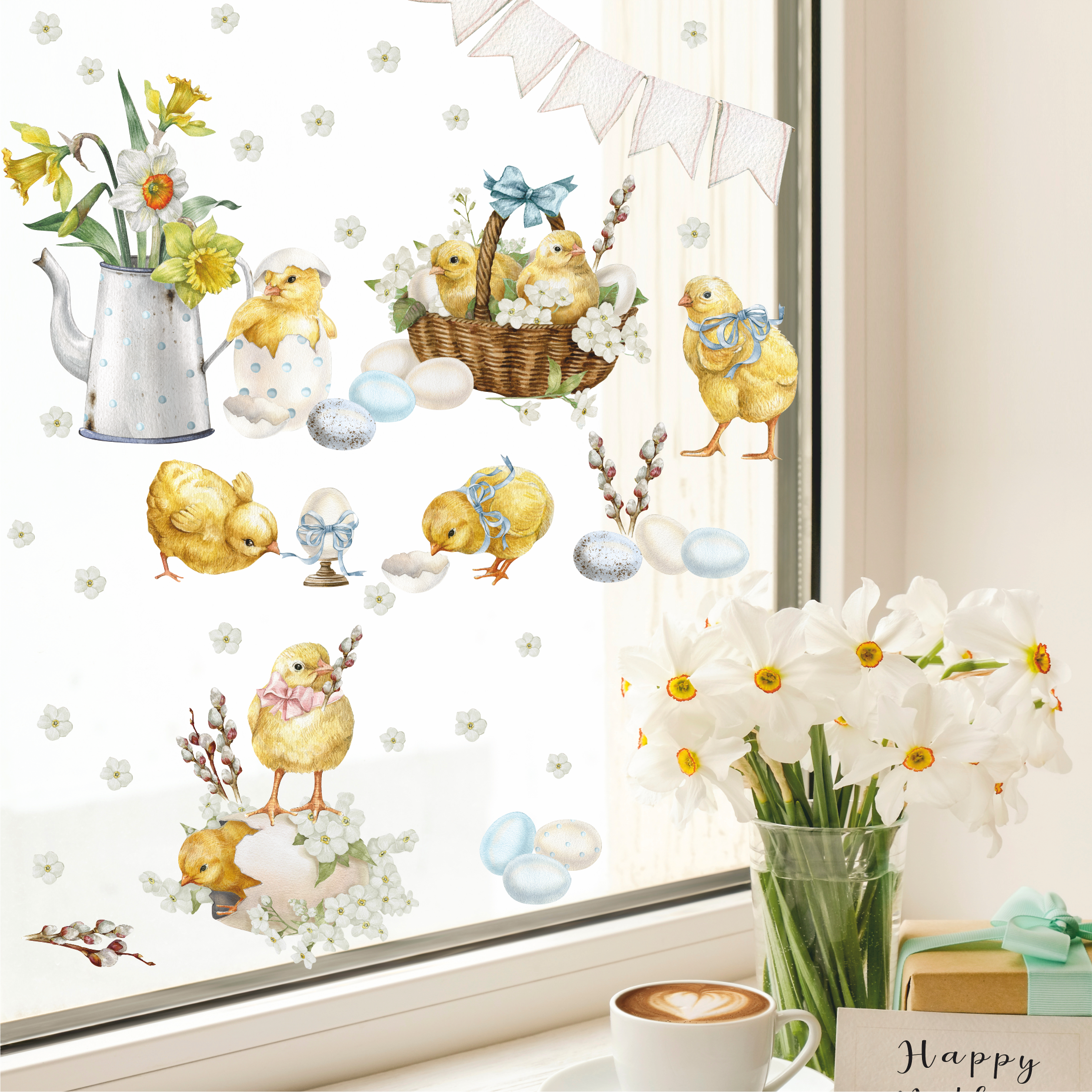 Наклейки на окно "Пасхальные цыплята"