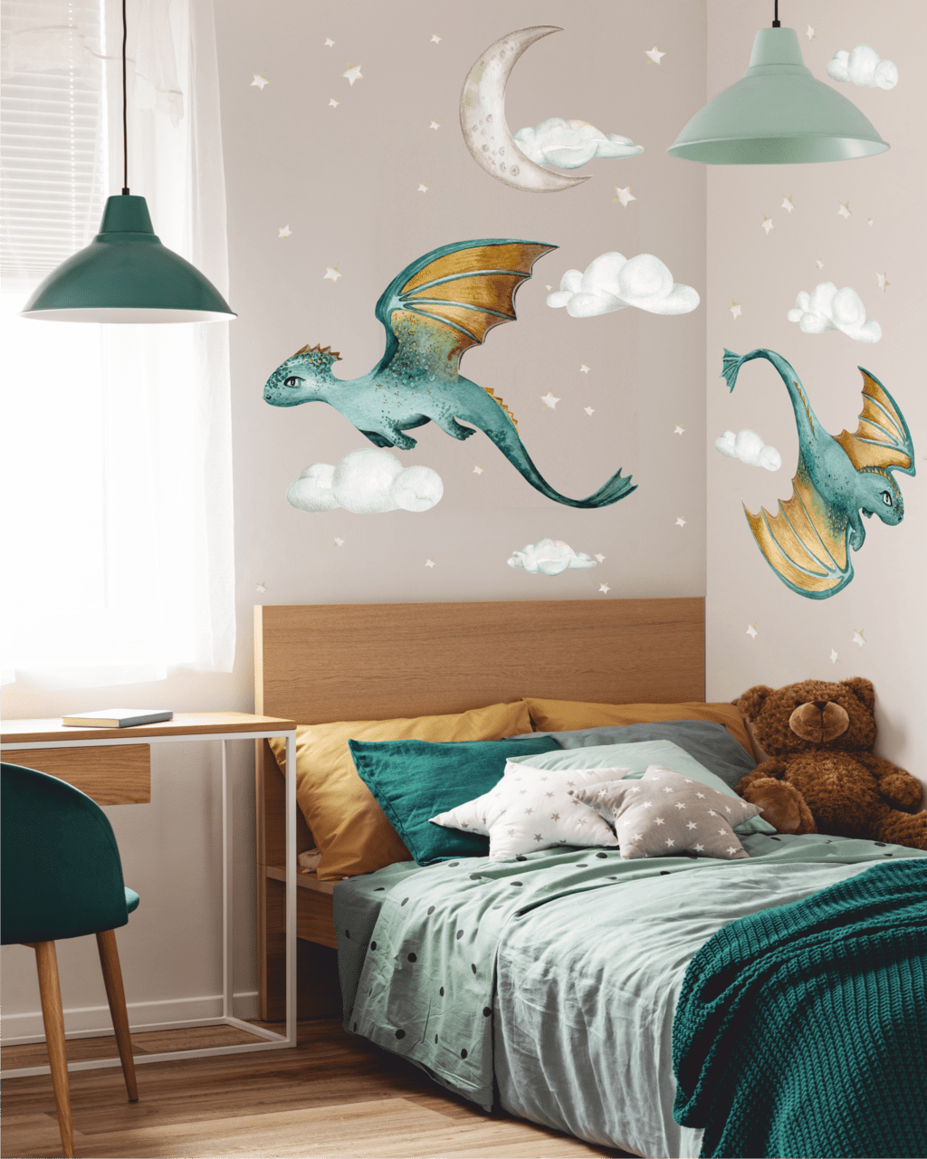 Уценка Наклейка на стену "Драконы" бирюзовые
