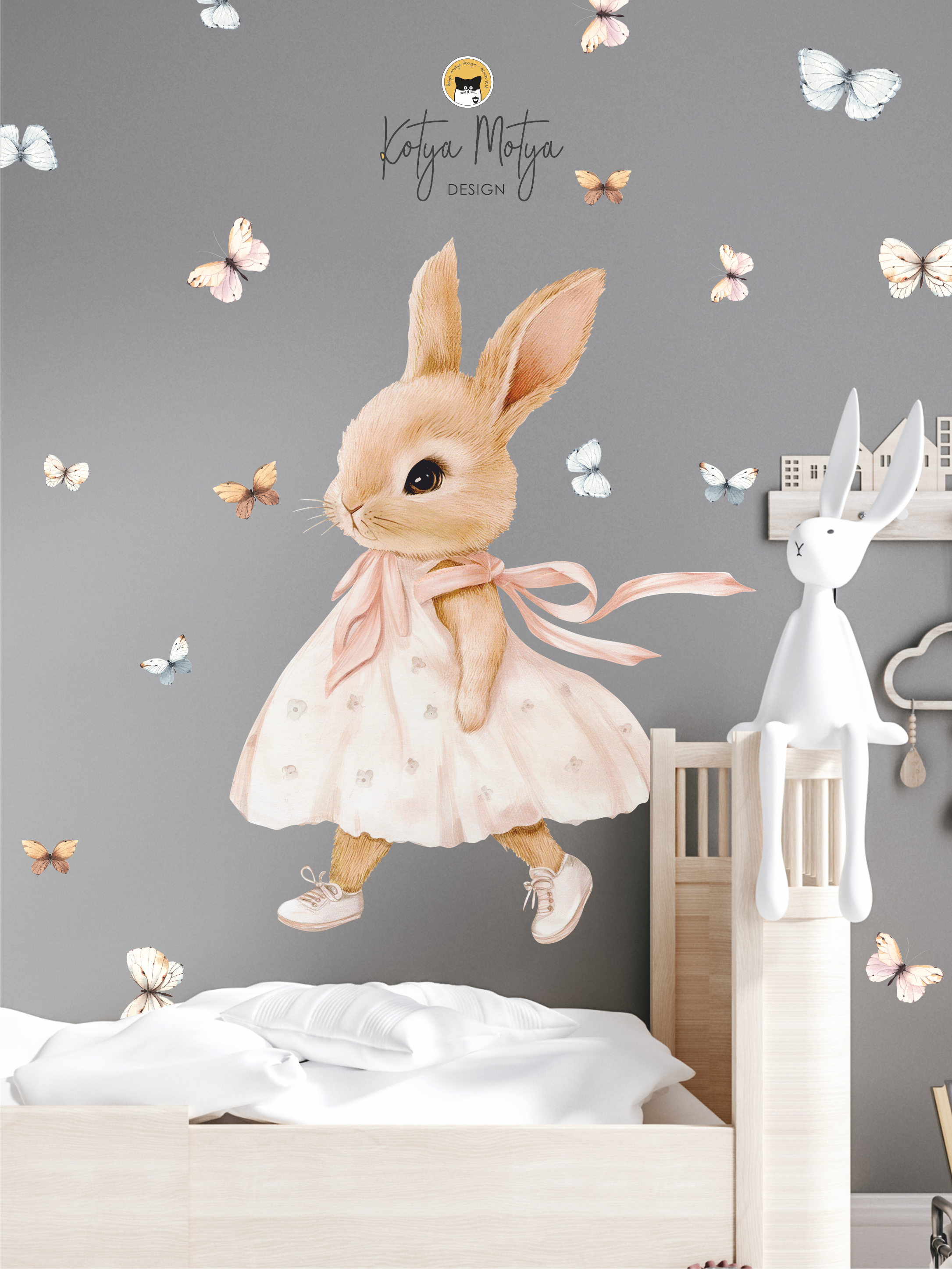 Наклейки на стену "Зайка с бабочками"