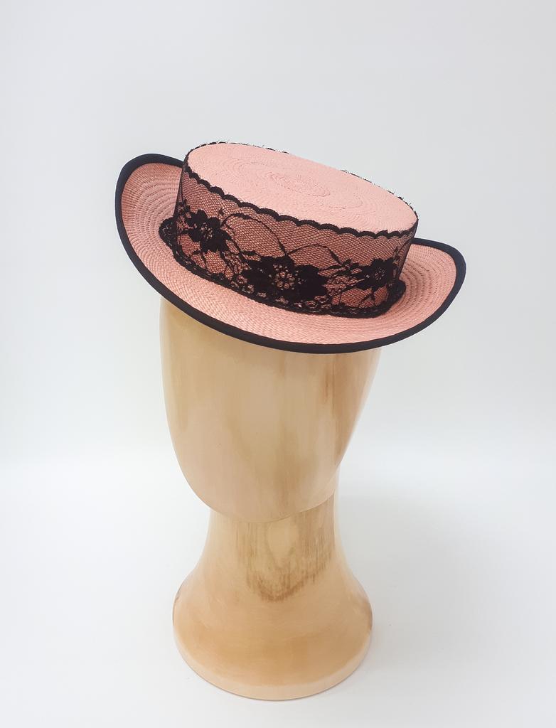 Соломенная  шляпка-цилиндрик. Цвет коралл/черный