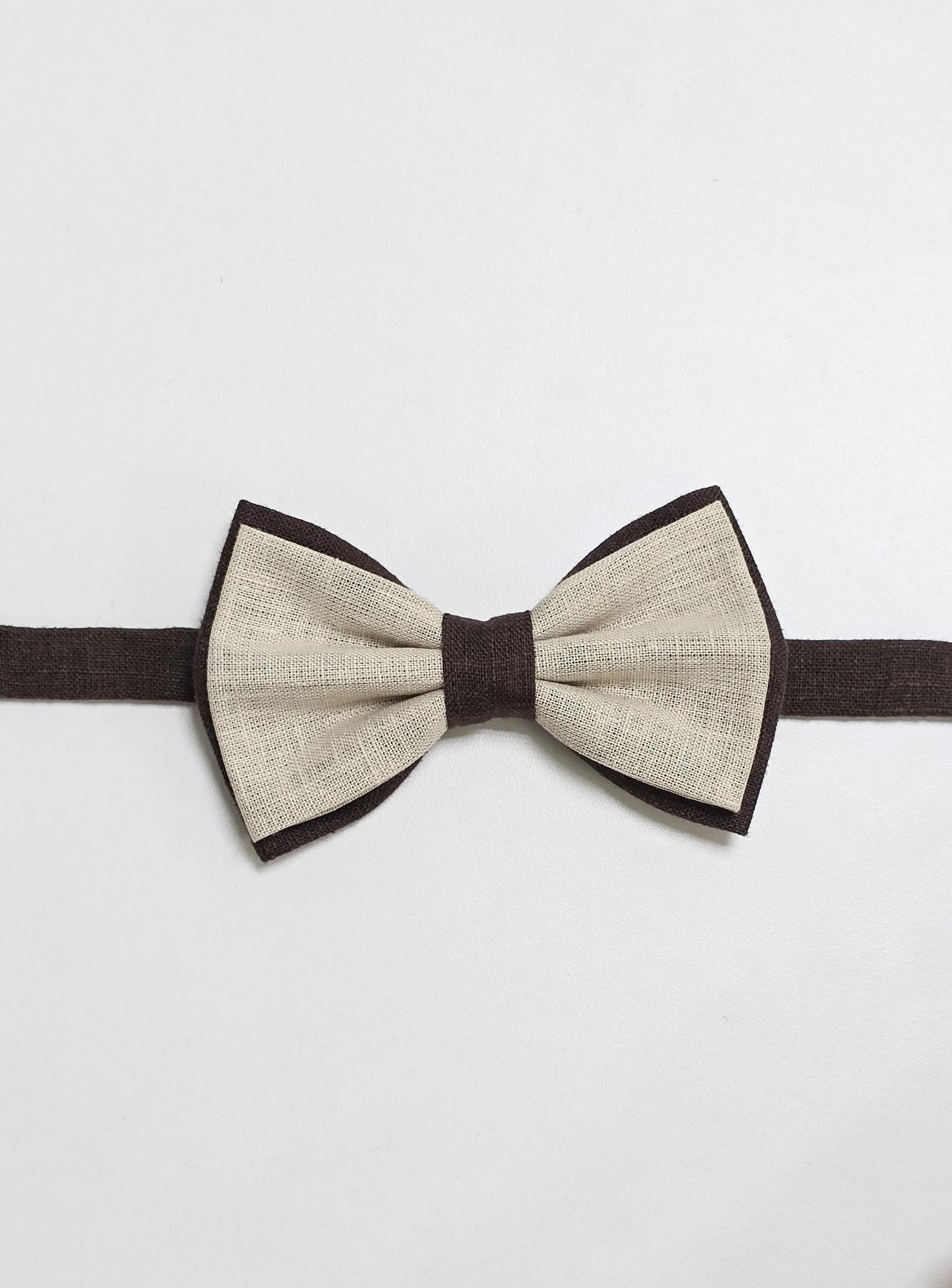 Льняной галстук-бабочка. Двухцветный коричневый/пудровый