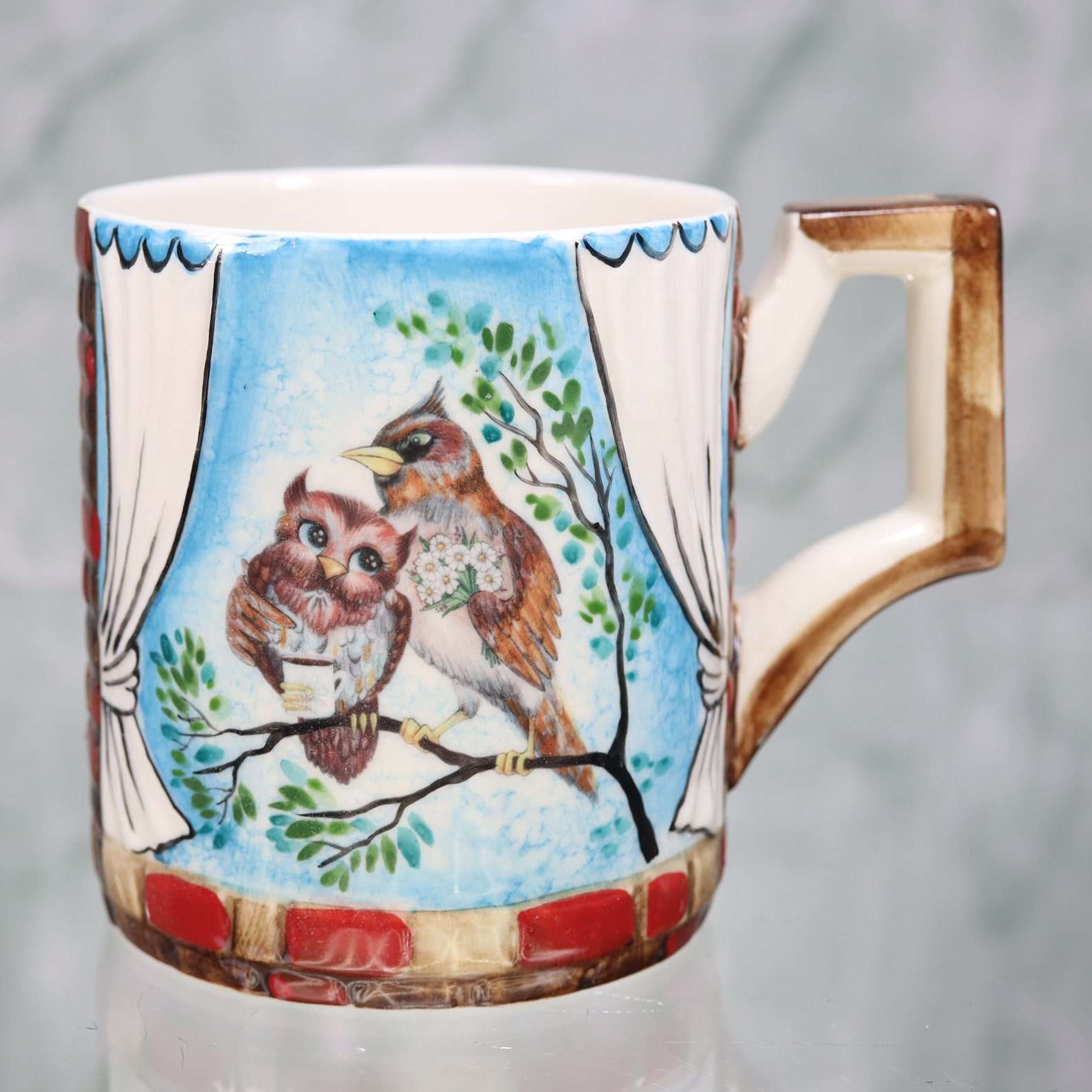 Handmade porcelain mug " Owl and Lark"