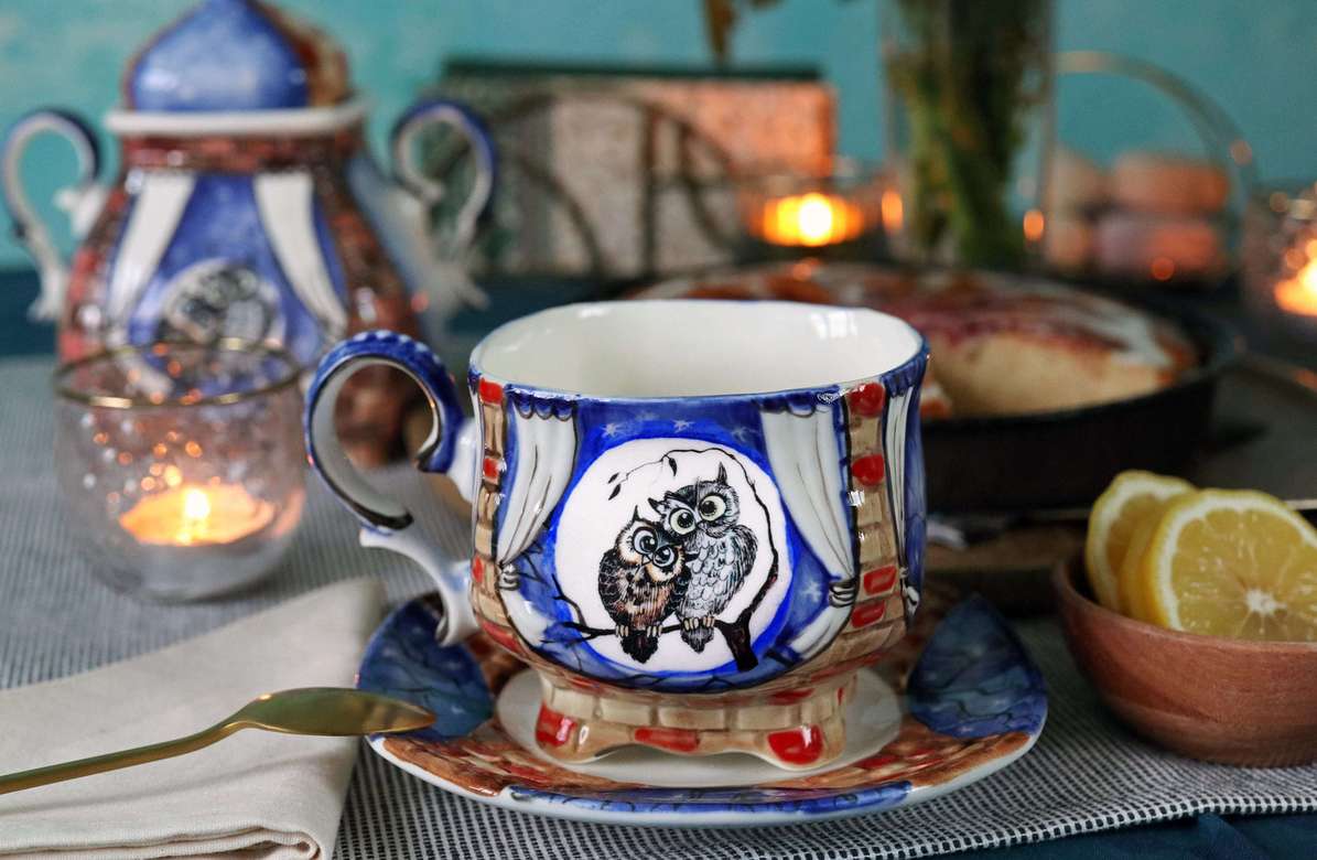 Handmade porcelain tea cup and saucer "Two owls. Night"