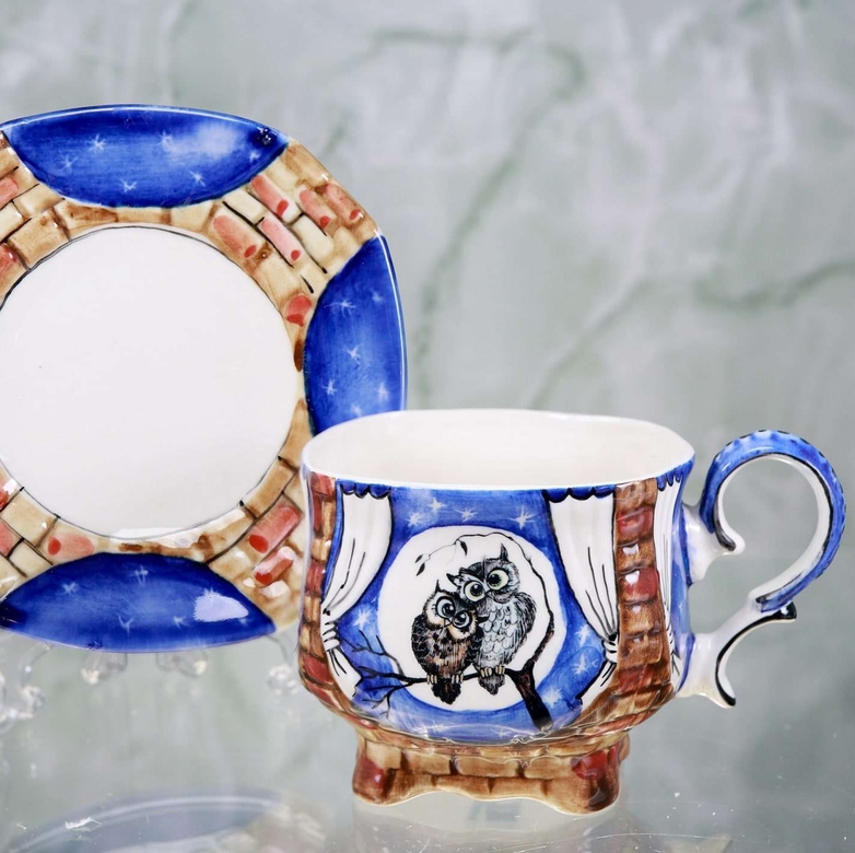 Чайная пара фарфоровая Ночь Две совушки