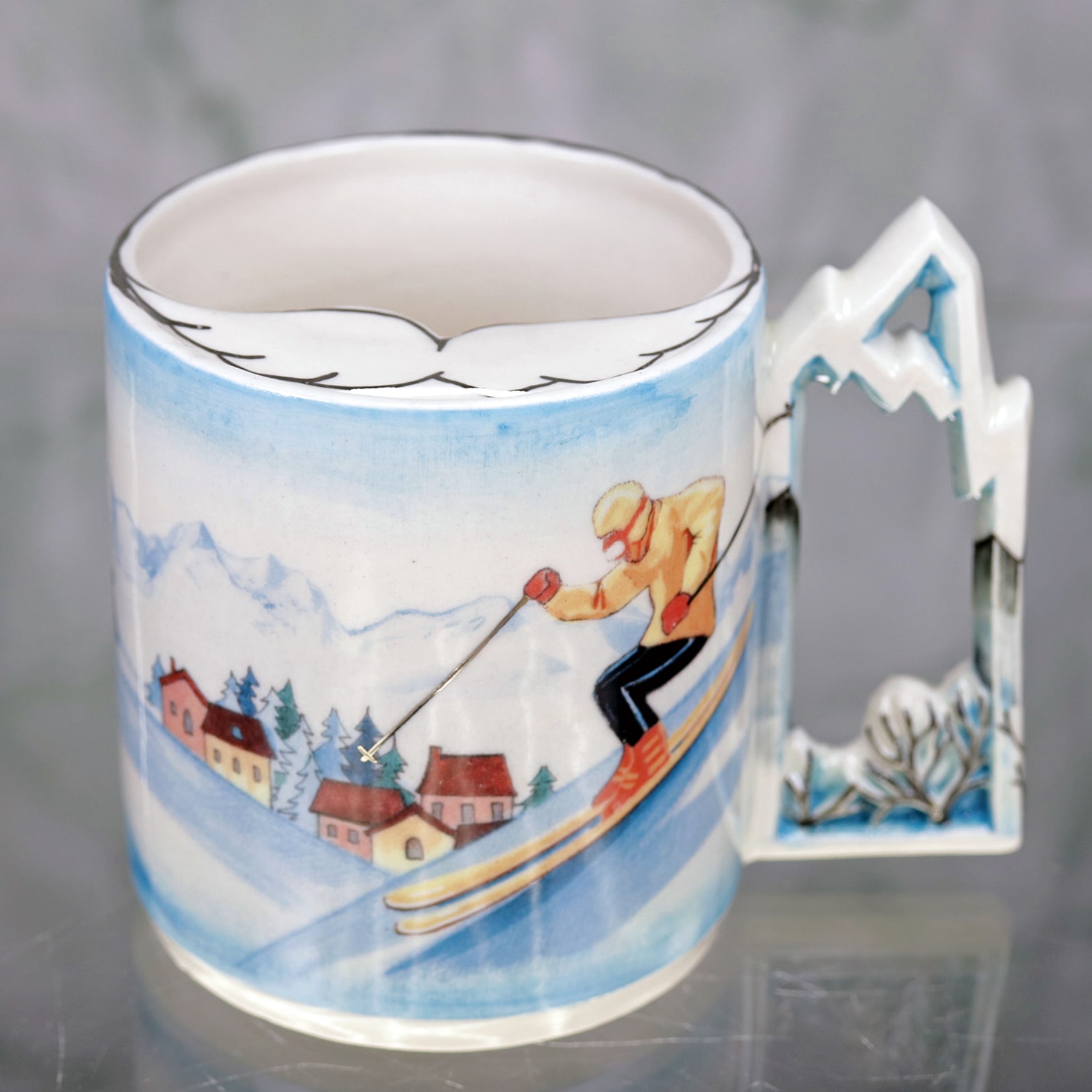 Mustache cup "Skier" or "Snowboarder" porcelain