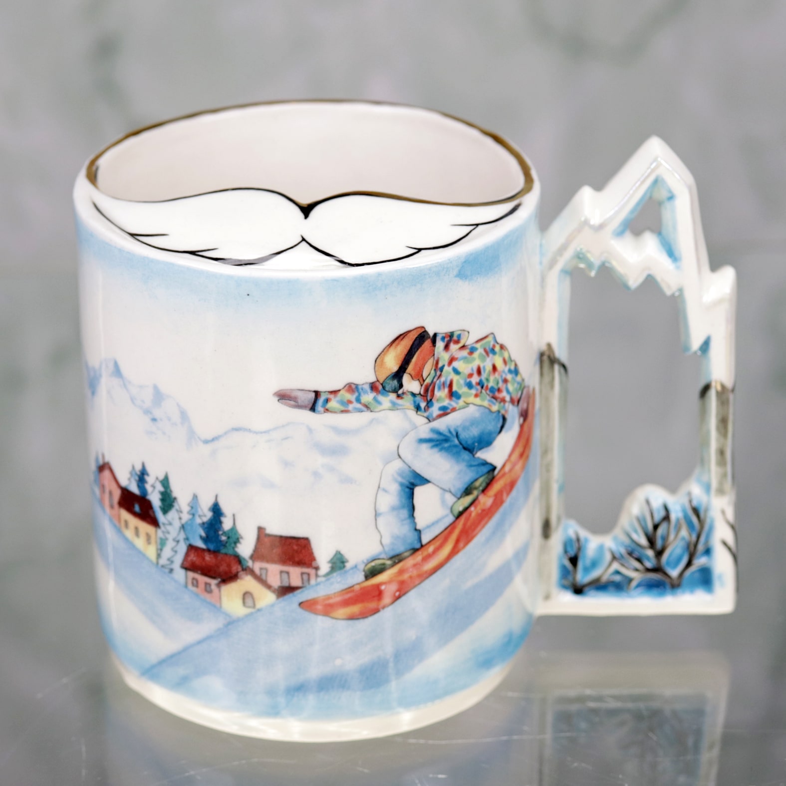 Mustache cup "Skier" or "Snowboarder" porcelain