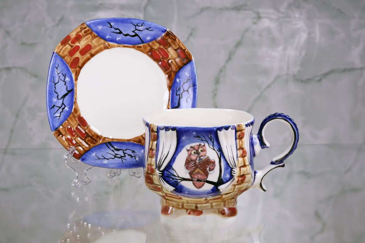 Handmade porcelain tea cup and saucer "Owl Dad. Night"