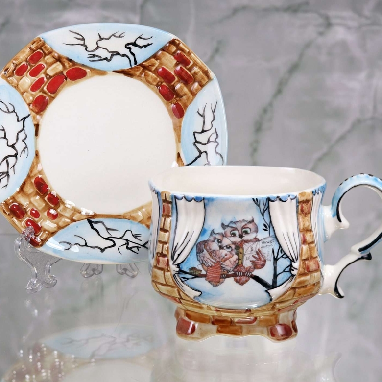 Чайная пара фарфоровая Совы Бабушка и Дедушка