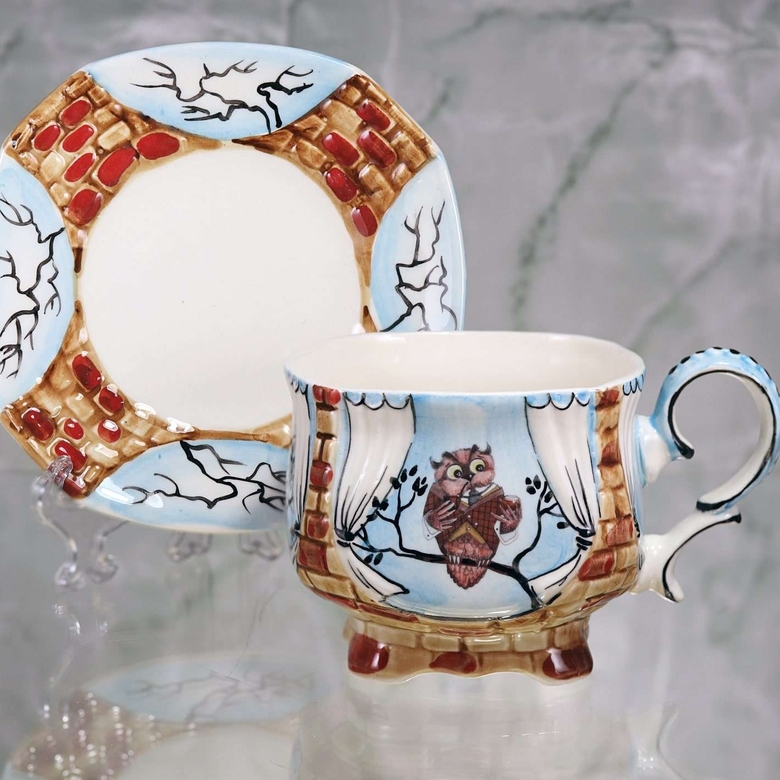 Handmade porcelain tea cup and saucer "Owl dad"