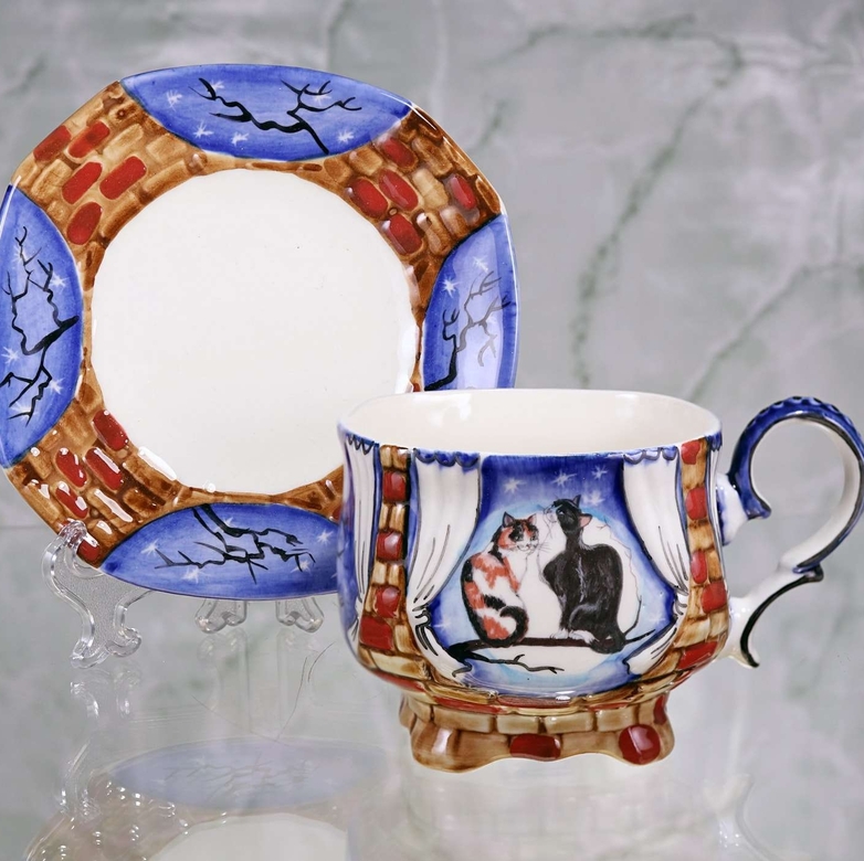 Чайная фарфоровая пара Коты на ветке