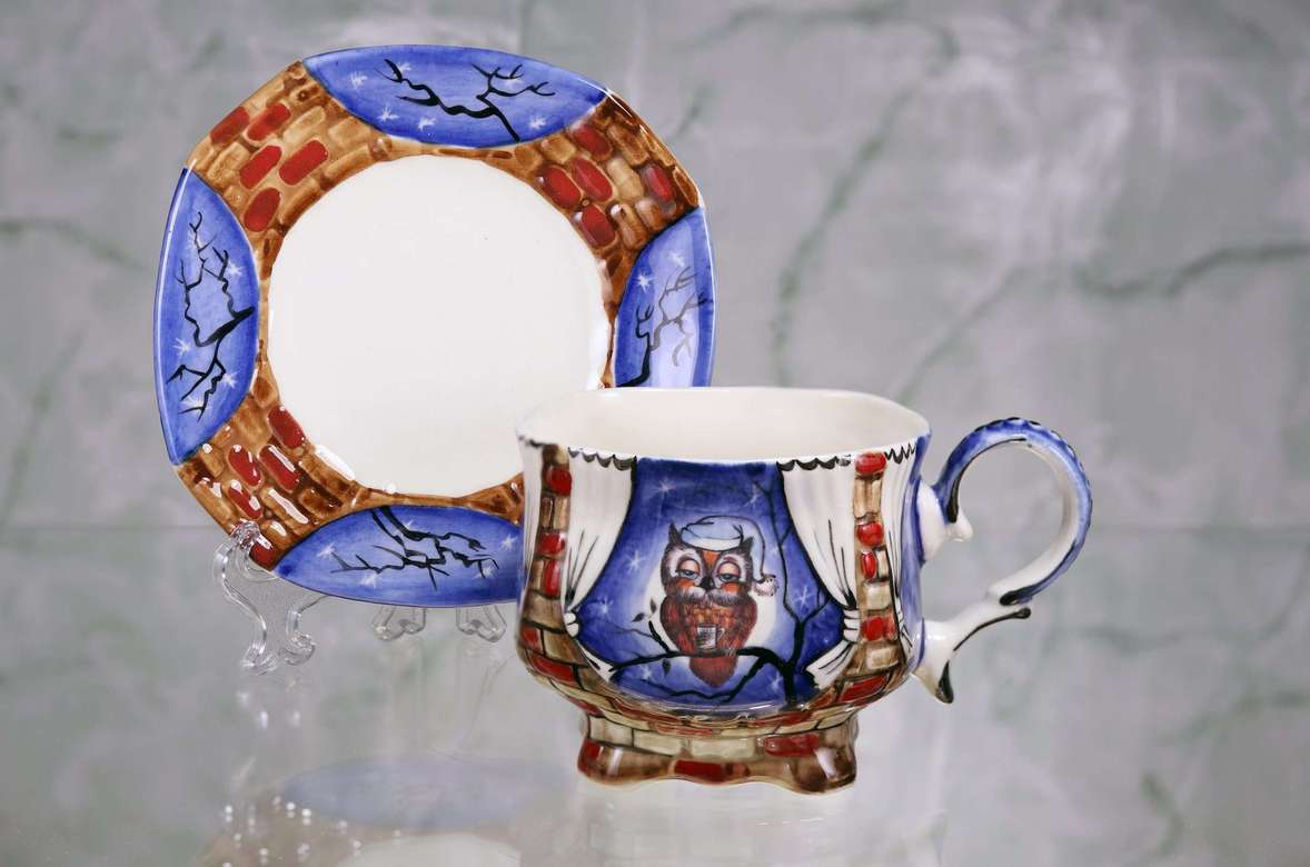 Handmade porcelain tea cup and saucer "Owlet in a cap. Night"