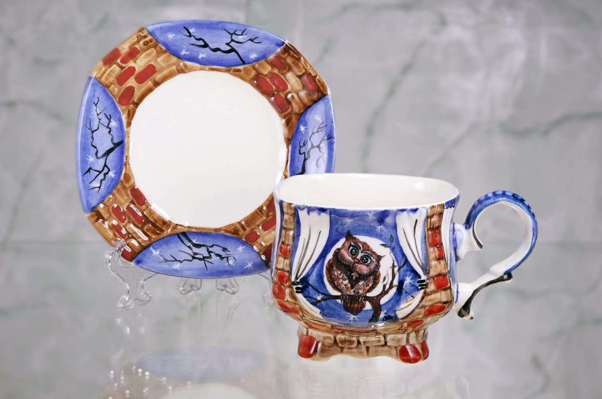 Handmade porcelain tea cup and saucer "Mothet owl. Night"