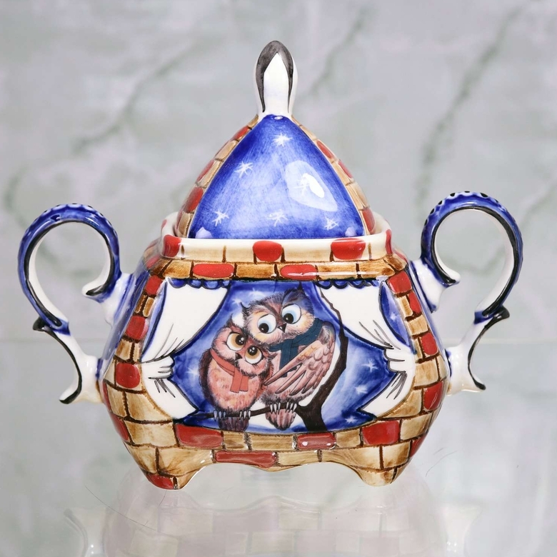 Handmade porcelain sugarbowl “Owls”