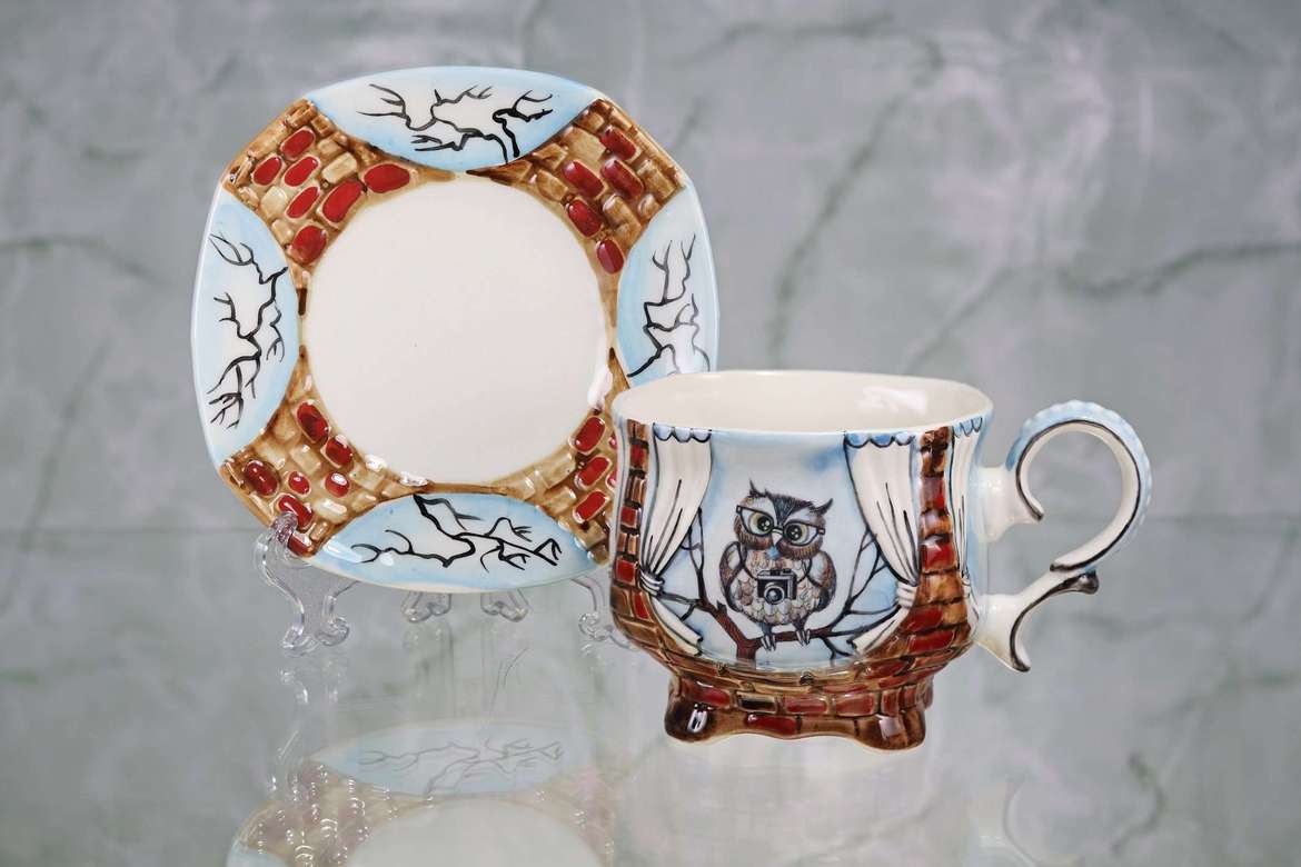 Handmade porcelain tea cup and saucer "Owl with camera"