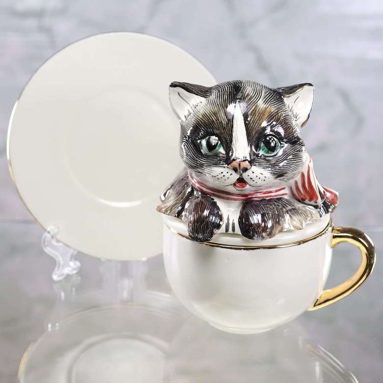 Заварочная фарфоровая чашка с блюдцем Котёнок в чашке