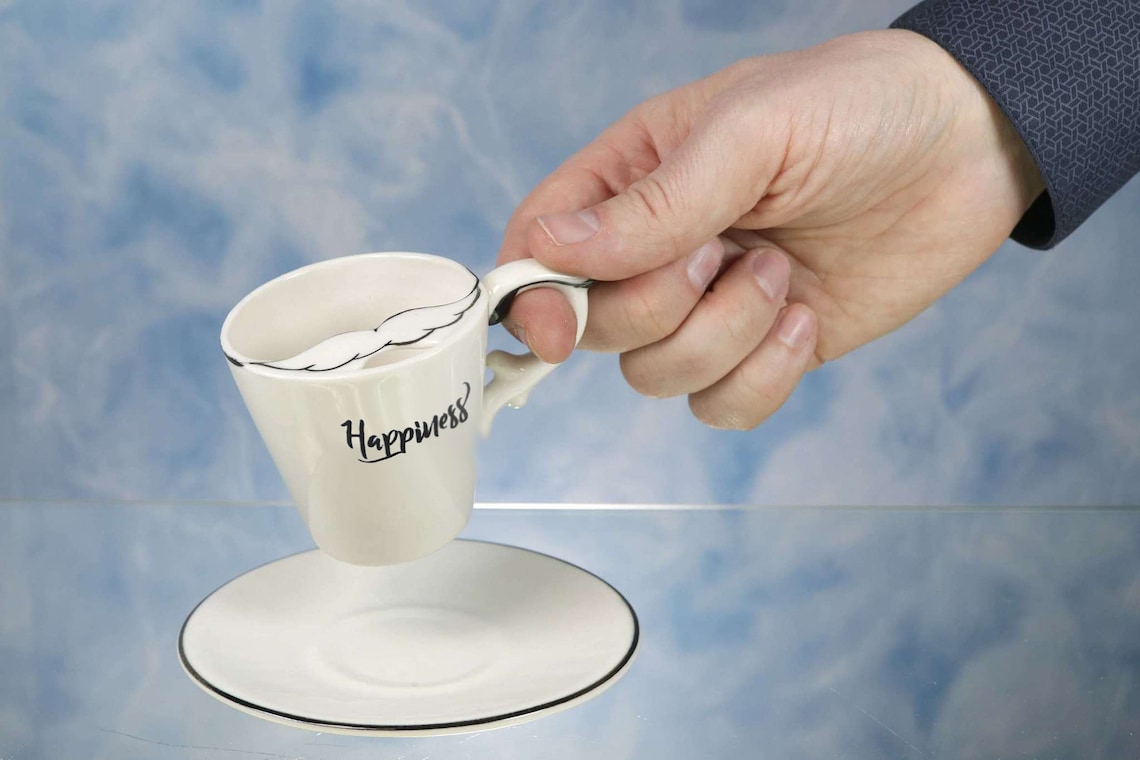 Mustache cup and saucer for espresso "Happiness"
