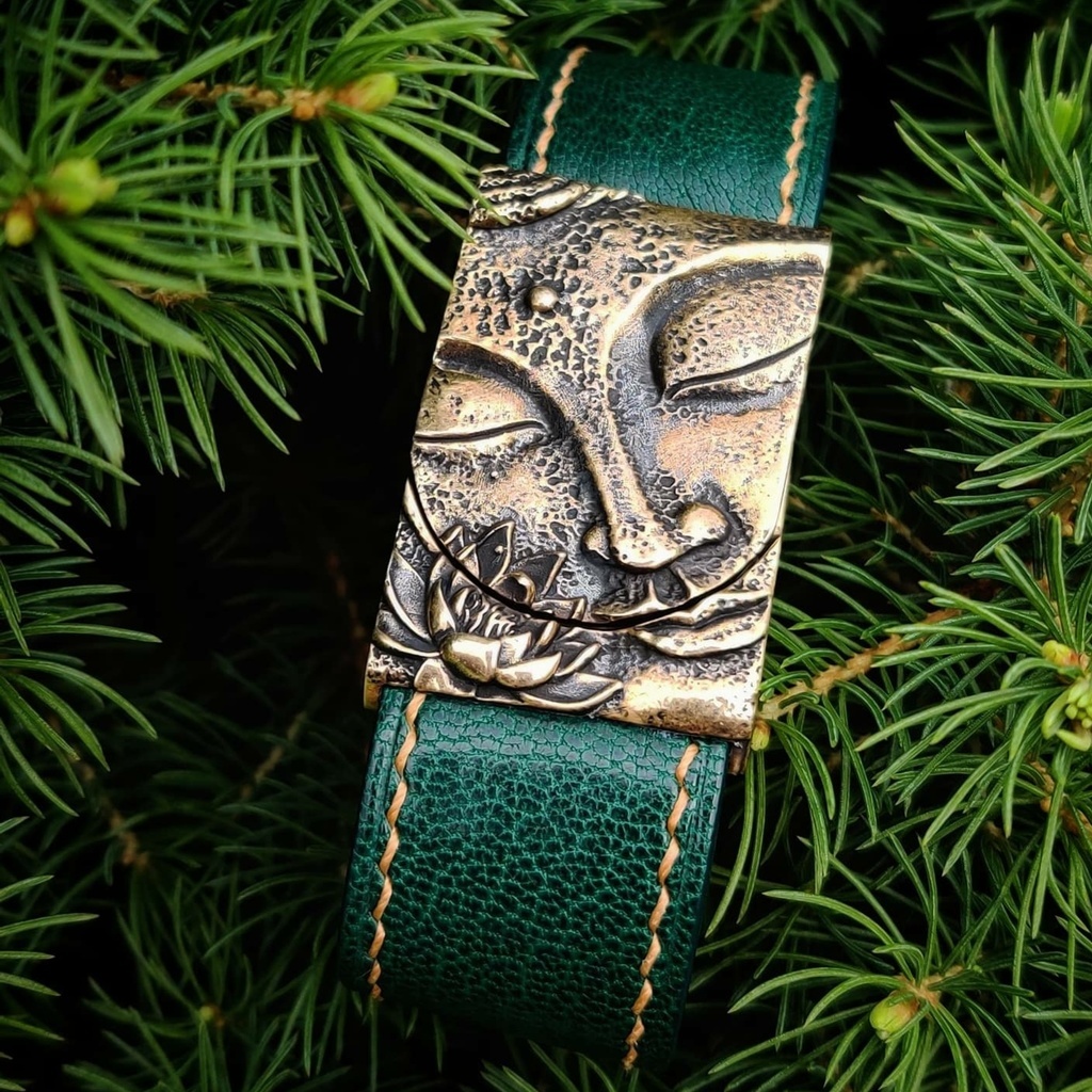 Браслет на кожаном ремне "Будда" , замок бронза