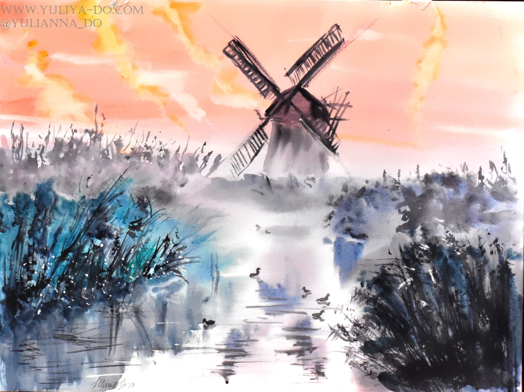 Акварельный пейзаж «Мельница»