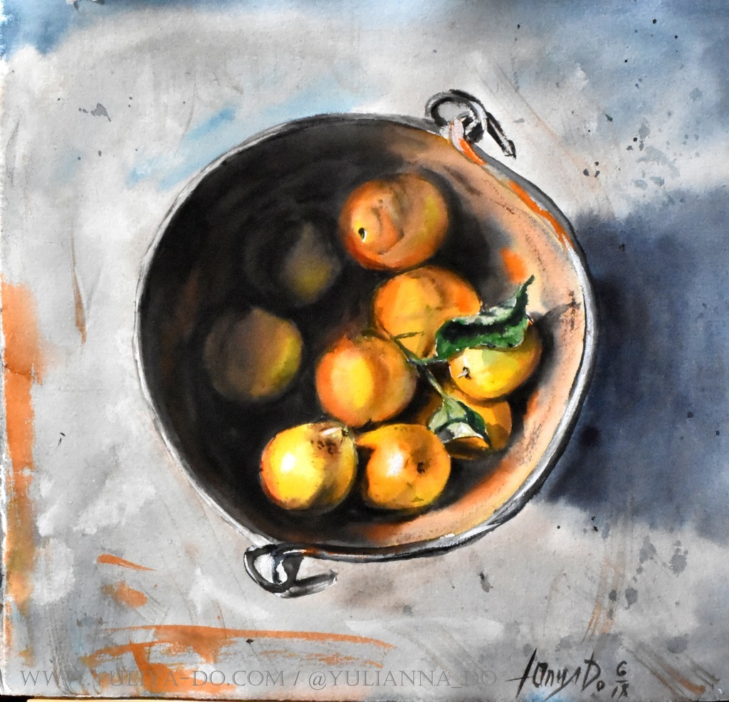 Акварельный натюрморт «Лимоны в ведре»