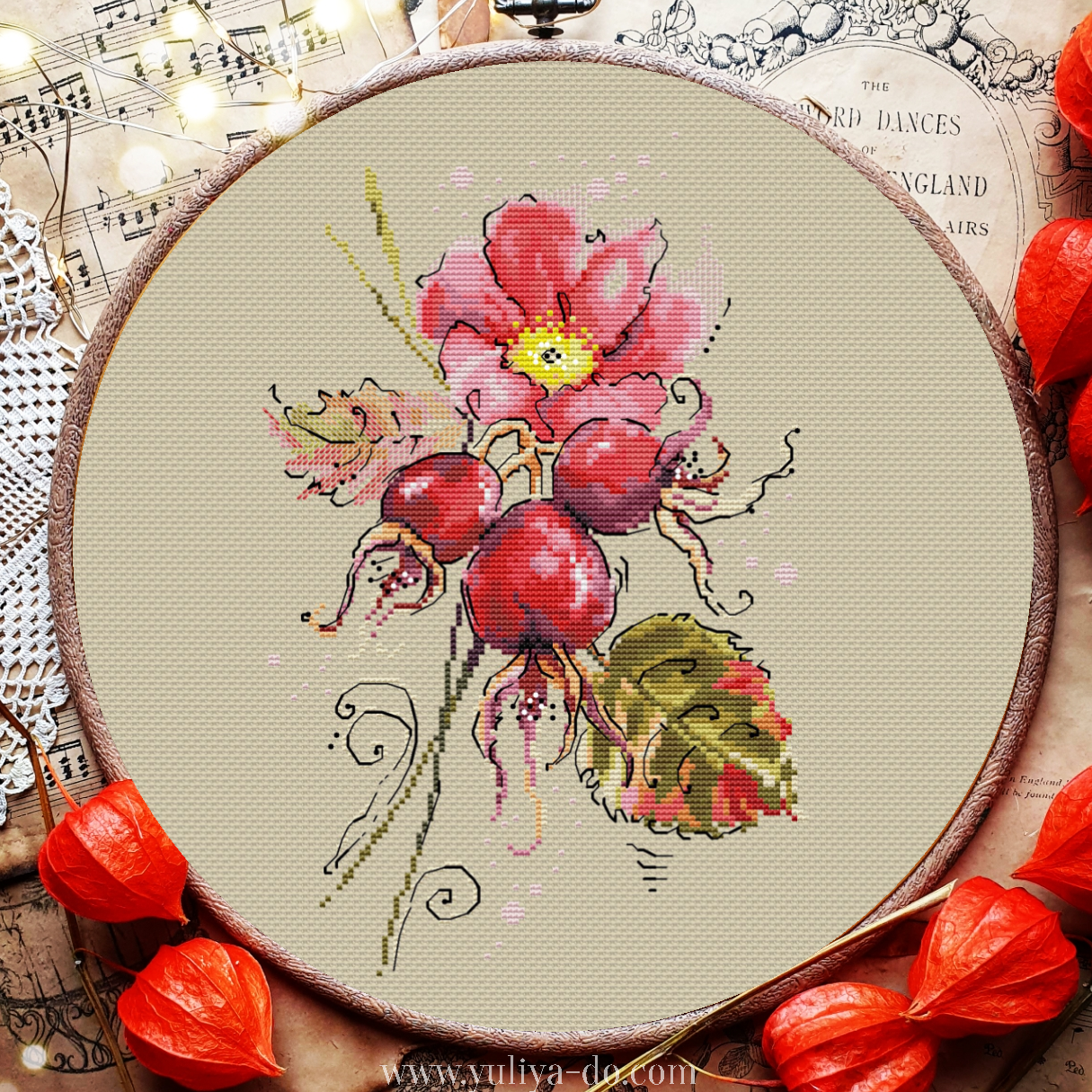 схема вышивки, вышивки крестом, шиповник