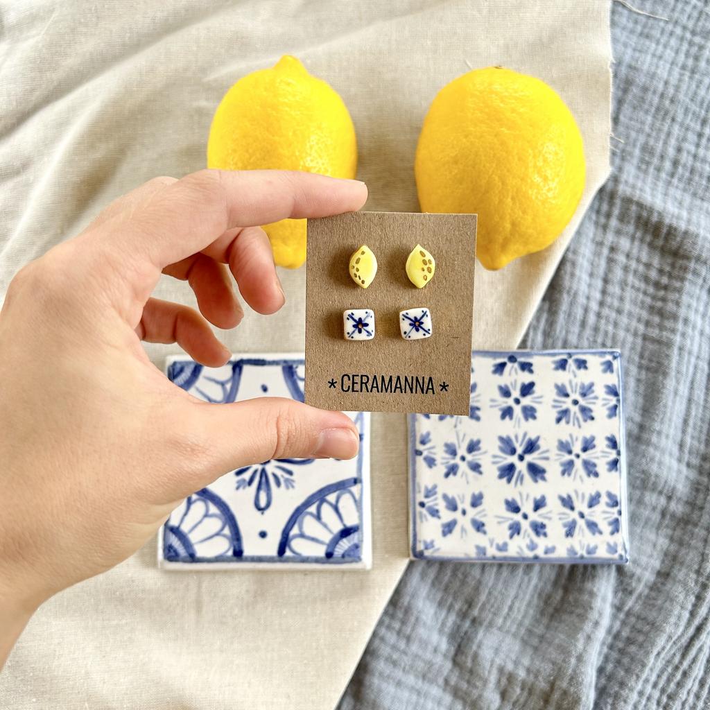 Серьги набор пуссет Плитка в лимонном саду