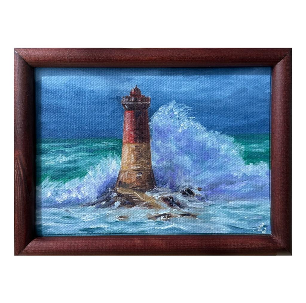 Авторская картина "Маяк в шторм". Масло, холст, 13х18 см. Рамка в подарок